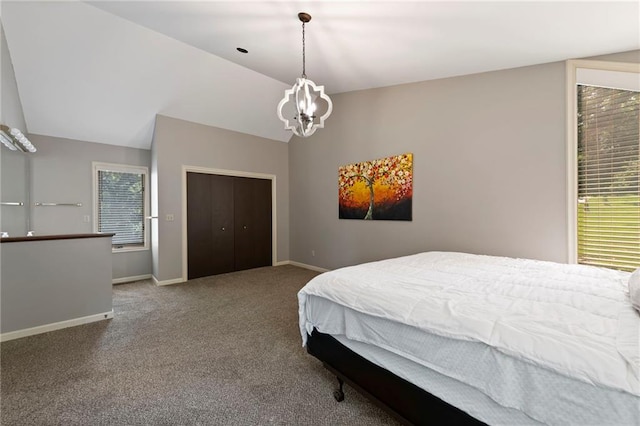 4813 NW Northwood Rd, Riverside, MO 64150 - carpeted bedroom with a chandelier, lofted ceiling, and a closet