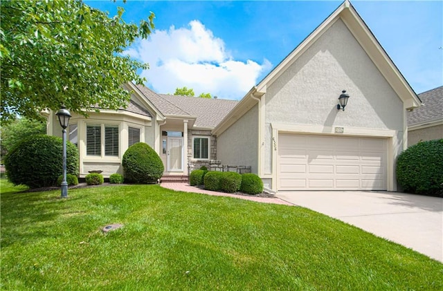 6306 W 128th St, Overland Park, KS 66209 - view of front of property with stucco siding, a garage, driveway, and a front lawn