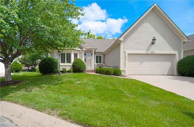 6306 W 128th St, Overland Park, KS 66209 - view of front facade with a garage, driveway, a front lawn, and stucco siding