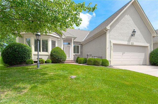 6306 W 128th St, Overland Park, KS 66209 - view of front of property with stucco siding, an attached garage, driveway, and a front lawn