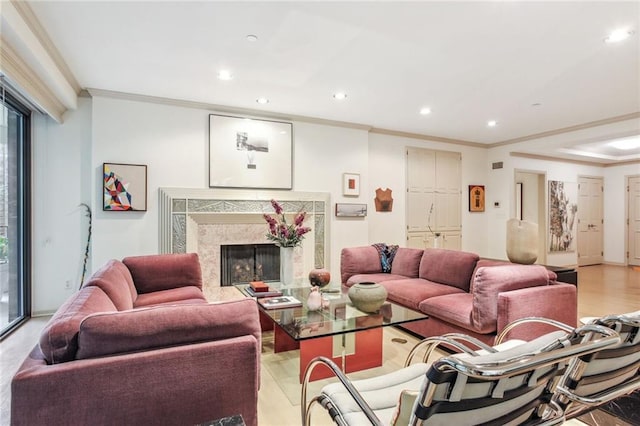 433 Ward Pkwy Unit 1S, Kansas City, MO 64112 - living room with crown molding, recessed lighting, and a premium fireplace