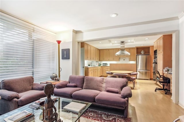 433 Ward Pkwy Unit 1S, Kansas City, MO 64112 - living area featuring light wood-style floors, ornamental molding, a raised ceiling, and recessed lighting