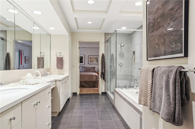 433 Ward Pkwy Unit 1S, Kansas City, MO 64112 - ensuite bathroom with double vanity, tile patterned floors, a shower stall, recessed lighting, and a bathtub
