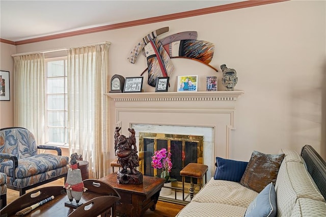 6451 Sagamore Rd, Mission Hills, KS 66208 - living room with crown molding, a glass covered fireplace, and wood finished floors