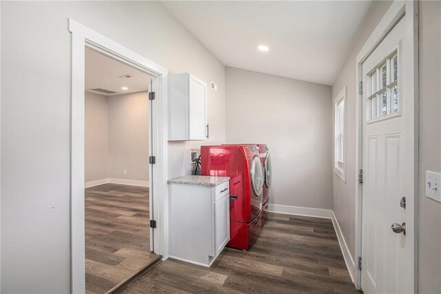 1116 Splitlog Ave, Kansas City, KS 66102 - laundry room with dark wood-style floors, washer and clothes dryer, cabinet space, and recessed lighting