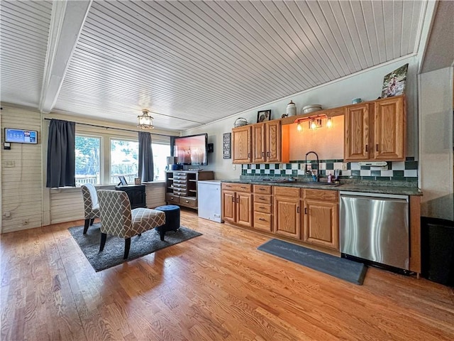 1607 S St, Lexington, MO 64067 - kitchen featuring dishwasher, dark countertops, backsplash, brown cabinetry, and wooden ceiling