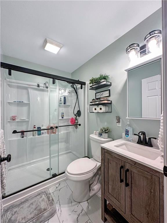 1607 S St, Lexington, MO 64067 - bathroom with vanity, a stall shower, and marble look tile flooring