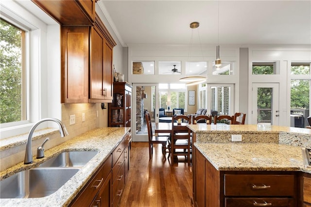 11717 S Barth Rd, Olathe, KS 66061 - kitchen featuring healthy amount of natural light, dark wood-type flooring, pendant lighting, and crown molding