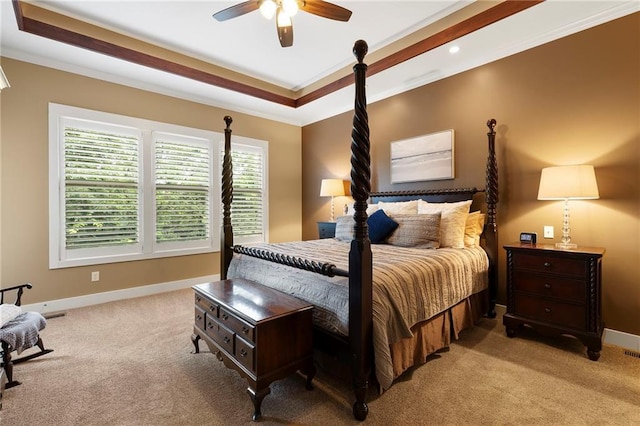 11717 S Barth Rd, Olathe, KS 66061 - carpeted bedroom with a raised ceiling, ornamental molding, and ceiling fan