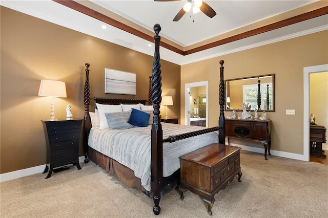 11717 S Barth Rd, Olathe, KS 66061 - carpeted bedroom featuring crown molding, ceiling fan, and connected bathroom