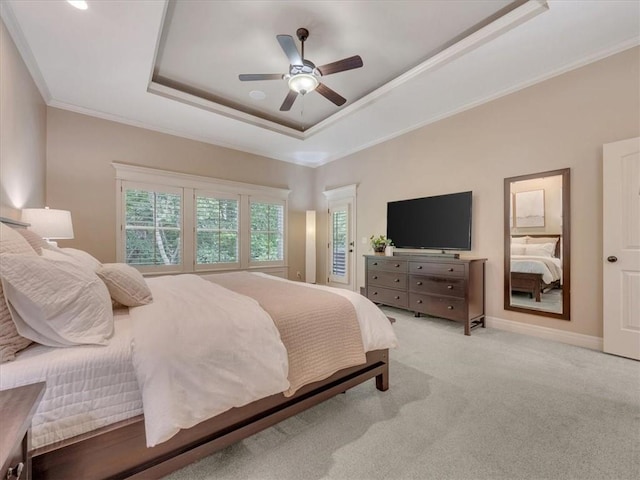 11599 S Carbondale St, Olathe, KS 66061 - bedroom featuring a raised ceiling, ornamental molding, light colored carpet, and ceiling fan