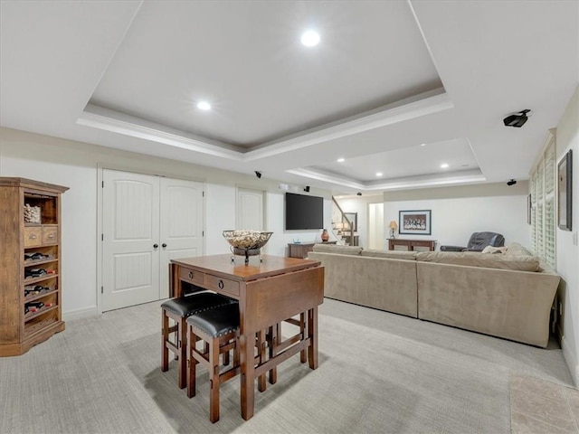 11599 S Carbondale St, Olathe, KS 66061 - dining area with a tray ceiling, recessed lighting, stairway, and light carpet