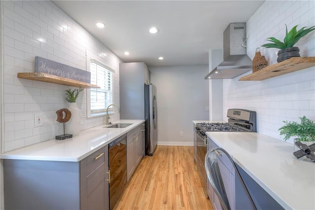 11417 Applewood Dr, Kansas City, MO 64134 - kitchen featuring wall chimney range hood, open shelves, appliances with stainless steel finishes, backsplash, and gray cabinets