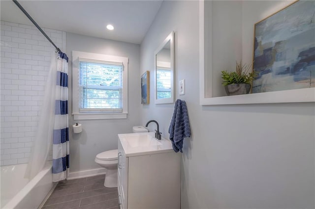 11417 Applewood Dr, Kansas City, MO 64134 - full bathroom with vanity, tile patterned flooring, shower / bath combo with shower curtain, and recessed lighting