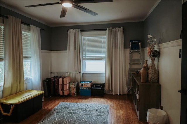 2220 Eugene Field Ave, Saint Joseph, MO 64505 - bedroom with a wainscoted wall, wood finished floors, multiple windows, ornamental molding, and a ceiling fan