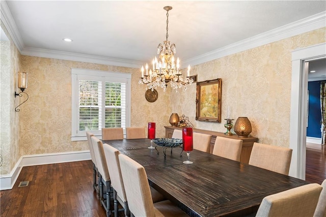 3215 Windsor Ave, Kansas City, MO 64123 - dining space featuring a chandelier, wood finished floors, ornamental molding, and wallpapered walls