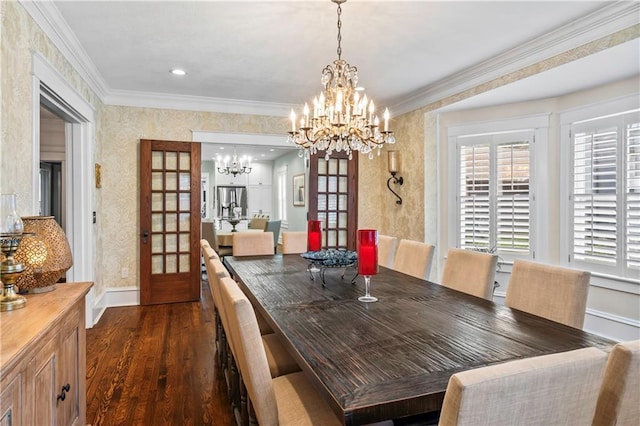 3215 Windsor Ave, Kansas City, MO 64123 - dining area featuring wallpapered walls, a chandelier, dark wood-style flooring, crown molding, and french doors