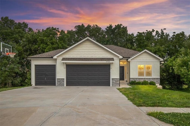 19709 W 198th Ct, Spring Hill, KS 66083 - single story home featuring stone siding, a garage, driveway, and a lawn