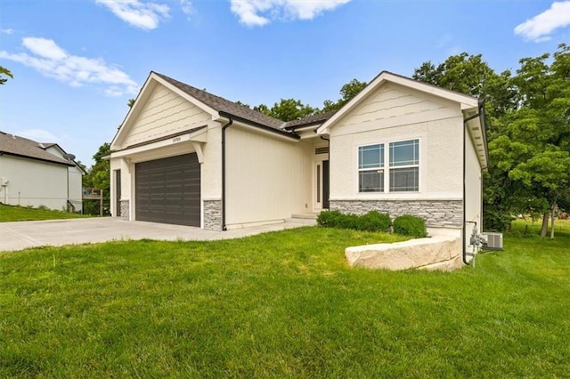 19709 W 198th Ct, Spring Hill, KS 66083 - single story home featuring stone siding, a garage, driveway, a front lawn, and stucco siding