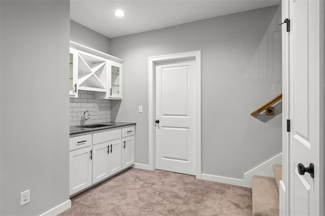 19709 W 198th Ct, Spring Hill, KS 66083 - bar area featuring light colored carpet, tasteful backsplash, stairway, and recessed lighting