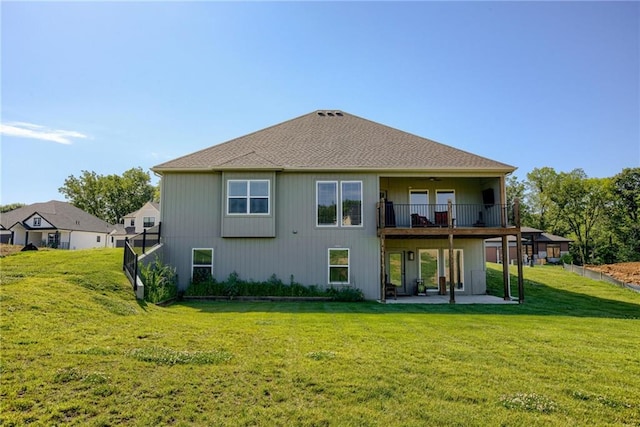 12750 Larkspur Ln, Platte City, MO 64079 - back of house featuring a patio, a yard, a balcony, and a ceiling fan