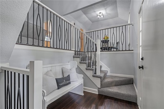 13924 S Summertree Ln, Olathe, KS 66062 - stairway with hardwood / wood-style flooring, a tray ceiling, and a textured ceiling