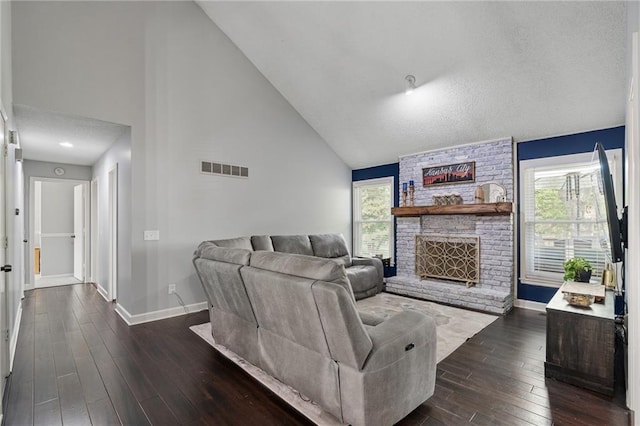 13924 S Summertree Ln, Olathe, KS 66062 - living room featuring dark wood-type flooring, high vaulted ceiling, and a fireplace