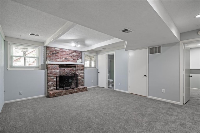 13924 S Summertree Ln, Olathe, KS 66062 - unfurnished living room with a textured ceiling, carpet floors, and a brick fireplace
