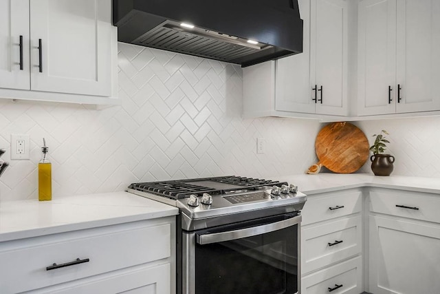 13404 W 177th St, Overland Park, KS 66013 - kitchen featuring stainless steel range with gas cooktop, premium range hood, backsplash, and white cabinetry