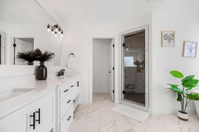 13404 W 177th St, Overland Park, KS 66013 - bathroom featuring marble finish flooring, double vanity, and a shower stall