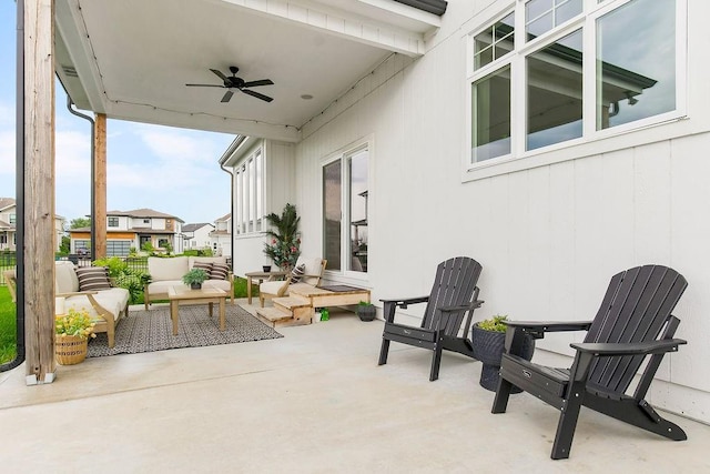 13404 W 177th St, Overland Park, KS 66013 - view of patio / terrace with outdoor lounge area, ceiling fan, and a residential view