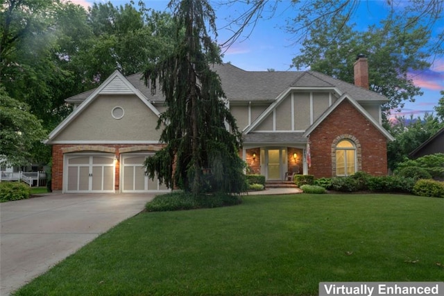2405 W 124th St, Leawood, KS 66209 - view of front of house with a chimney, driveway, a front yard, a garage, and roof with shingles