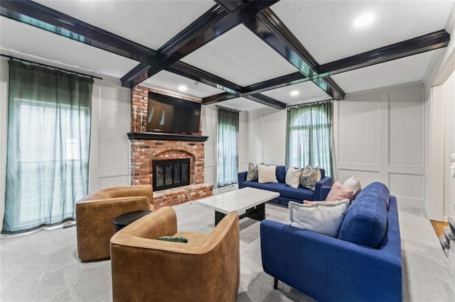 2405 W 124th St, Leawood, KS 66209 - carpeted living room featuring a decorative wall, coffered ceiling, beamed ceiling, and a fireplace