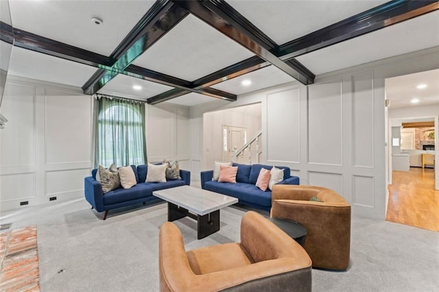 2405 W 124th St, Leawood, KS 66209 - living room featuring a decorative wall, beamed ceiling, coffered ceiling, carpet floors, and recessed lighting