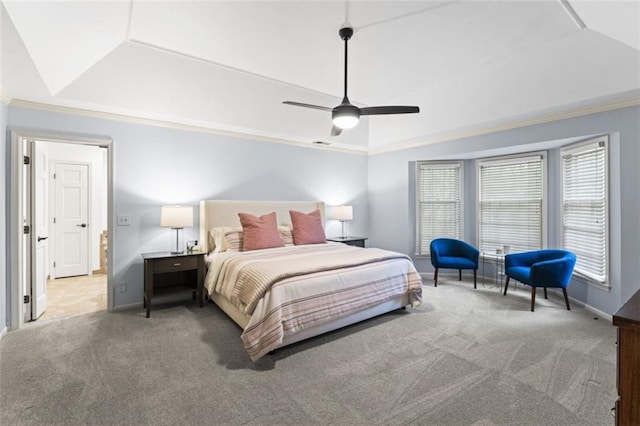2405 W 124th St, Leawood, KS 66209 - bedroom with carpet floors, a tray ceiling, ornamental molding, and ceiling fan