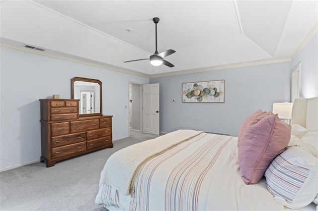 2405 W 124th St, Leawood, KS 66209 - bedroom featuring light carpet, ceiling fan, crown molding, and a raised ceiling