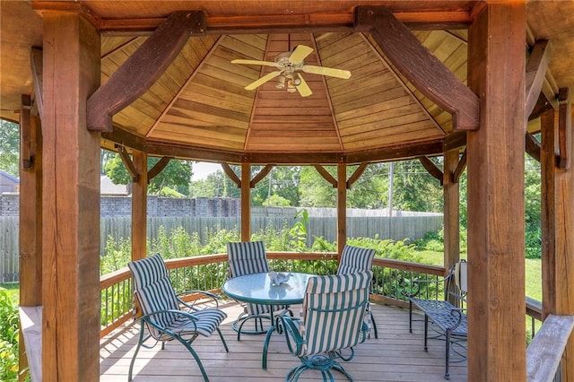 16904 E 36th St S, Independence, MO 64055 - wooden terrace with a fenced backyard, a ceiling fan, outdoor dining space, and a gazebo