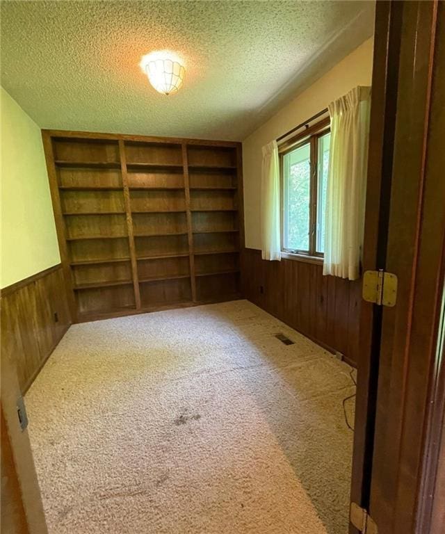 3111 N 35th St, Saint Joseph, MO 64506 - empty room featuring wood walls, a textured ceiling, a wainscoted wall, built in features, and carpet floors