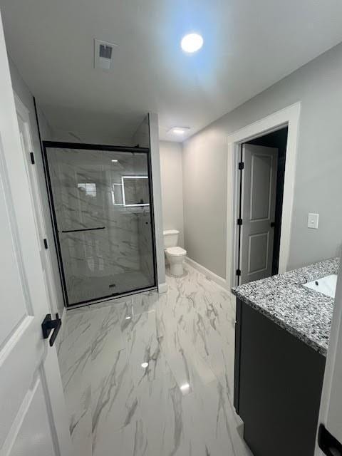 26433 W 144th Ter, Olathe, KS 66061 - bathroom featuring marble look tiles, vanity, a marble finish shower, and recessed lighting