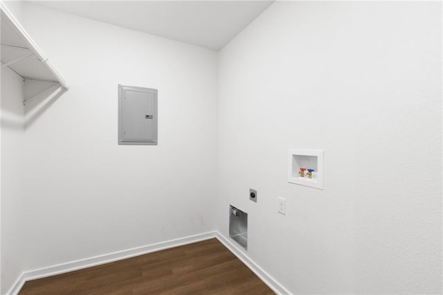 719 E Culton St, Warrensburg, MO 64093 - washroom with electric panel, washer hookup, dark wood-style flooring, and hookup for an electric dryer