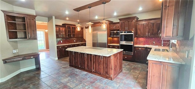 789 Maple Rd, Uniontown, KS 66779 - kitchen featuring stainless steel appliances, backsplash, open shelves, a center island, and dark brown cabinets