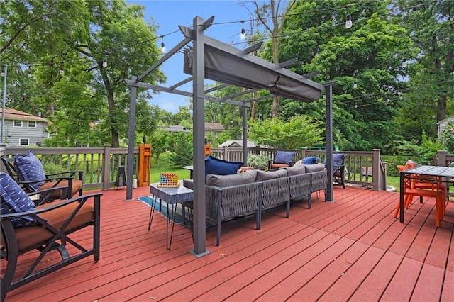 5001 W 70th St, Prairie Village, KS 66208 - wooden terrace with outdoor lounge area, outdoor dining area, and view of scattered trees