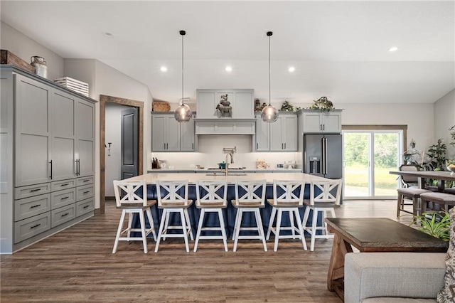 31788 W 223rd St, Spring Hill, KS 66083 - kitchen featuring gray cabinets, stainless steel refrigerator with ice dispenser, dark wood-style floors, and recessed lighting