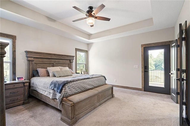 31788 W 223rd St, Spring Hill, KS 66083 - bedroom featuring carpet, access to exterior, ceiling fan, and a tray ceiling