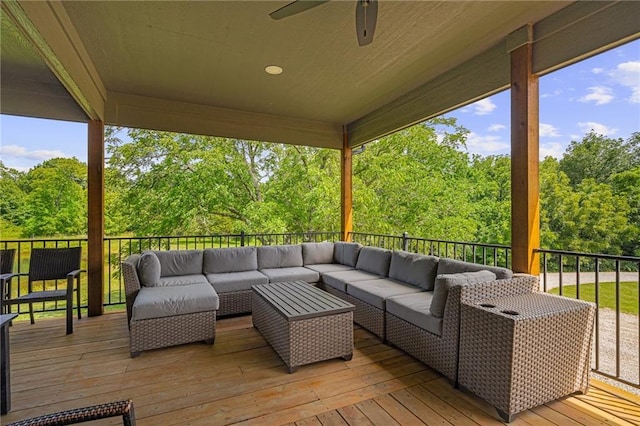 31788 W 223rd St, Spring Hill, KS 66083 - deck with an outdoor living space, ceiling fan, and view of scattered trees