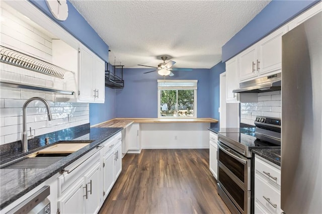 10017 W 95th St, Overland Park, KS 66212 - kitchen with appliances with stainless steel finishes, under cabinet range hood, white cabinets, ceiling fan, and a textured ceiling