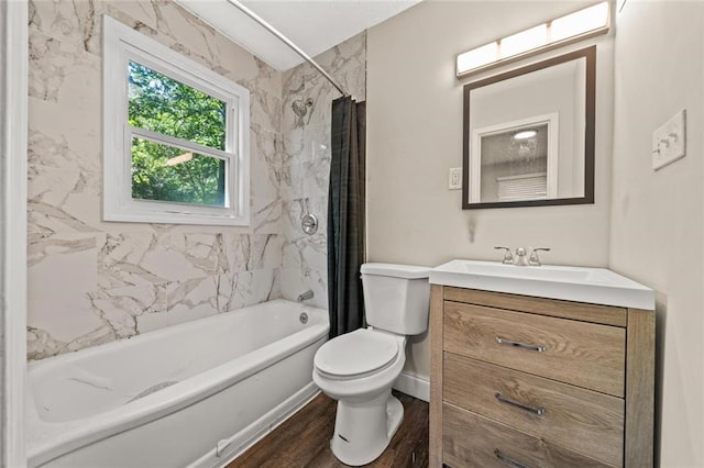 8710 Craig Dr, Overland Park, KS 66212 - full bathroom featuring vanity, shower / bathtub combination with curtain, and wood finished floors