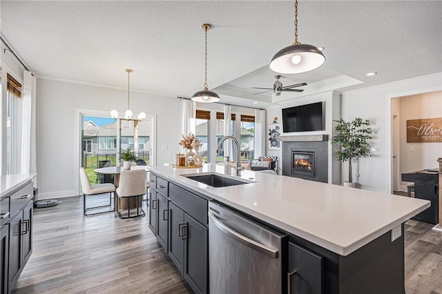 20854 W 190th Pl, Spring Hill, KS 66083 - kitchen with stainless steel dishwasher, a glass covered fireplace, open floor plan, a textured ceiling, and light countertops