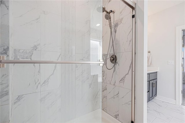 20854 W 190th Pl, Spring Hill, KS 66083 - full bathroom featuring a marble finish shower, marble finish floors, and vanity