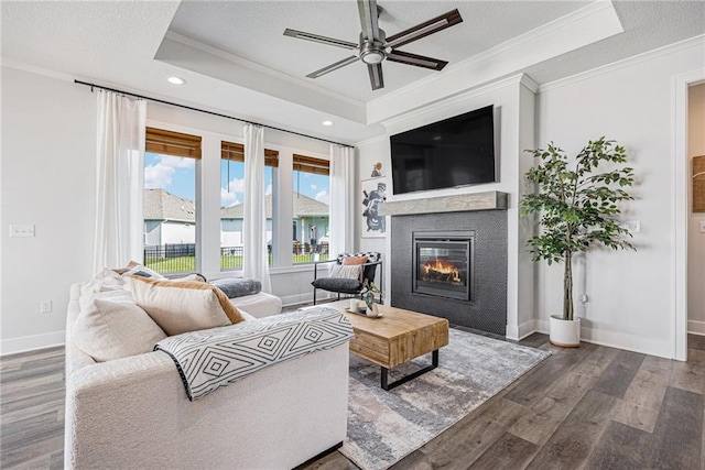 20854 W 190th Pl, Spring Hill, KS 66083 - living room featuring a raised ceiling, crown molding, a glass covered fireplace, a ceiling fan, and wood finished floors